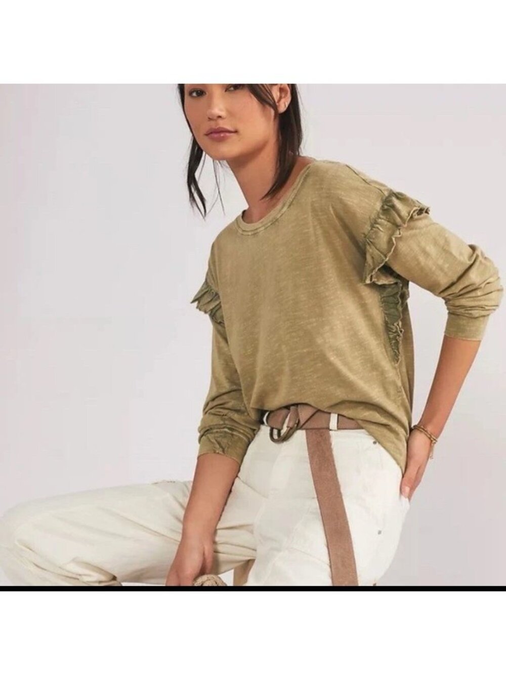 Anthropologie Pilcro Top Womens Sz M Ruffled Open Back Moss Cotton Long Sleeves